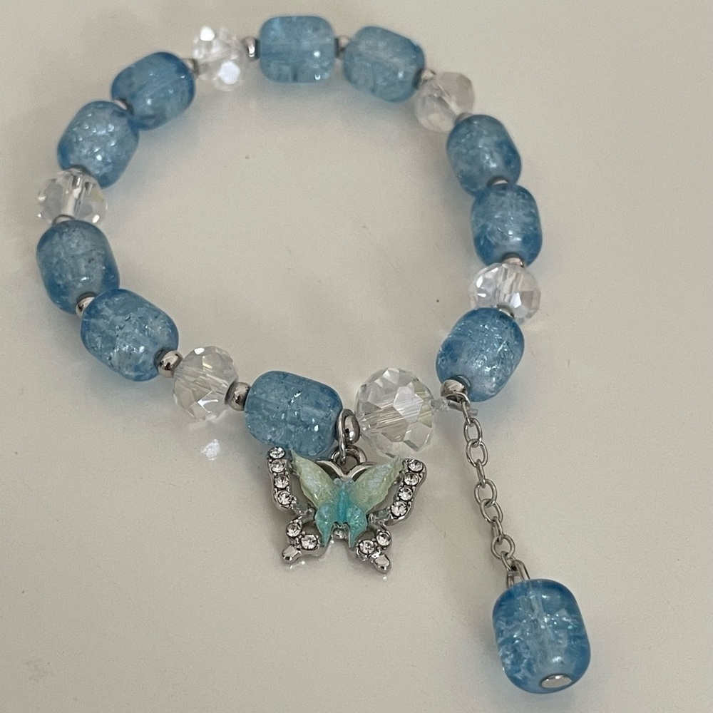 Blue and Clear Beaded Stretch Small Bracelet with Butterfly Charm - Picture 11 of 17